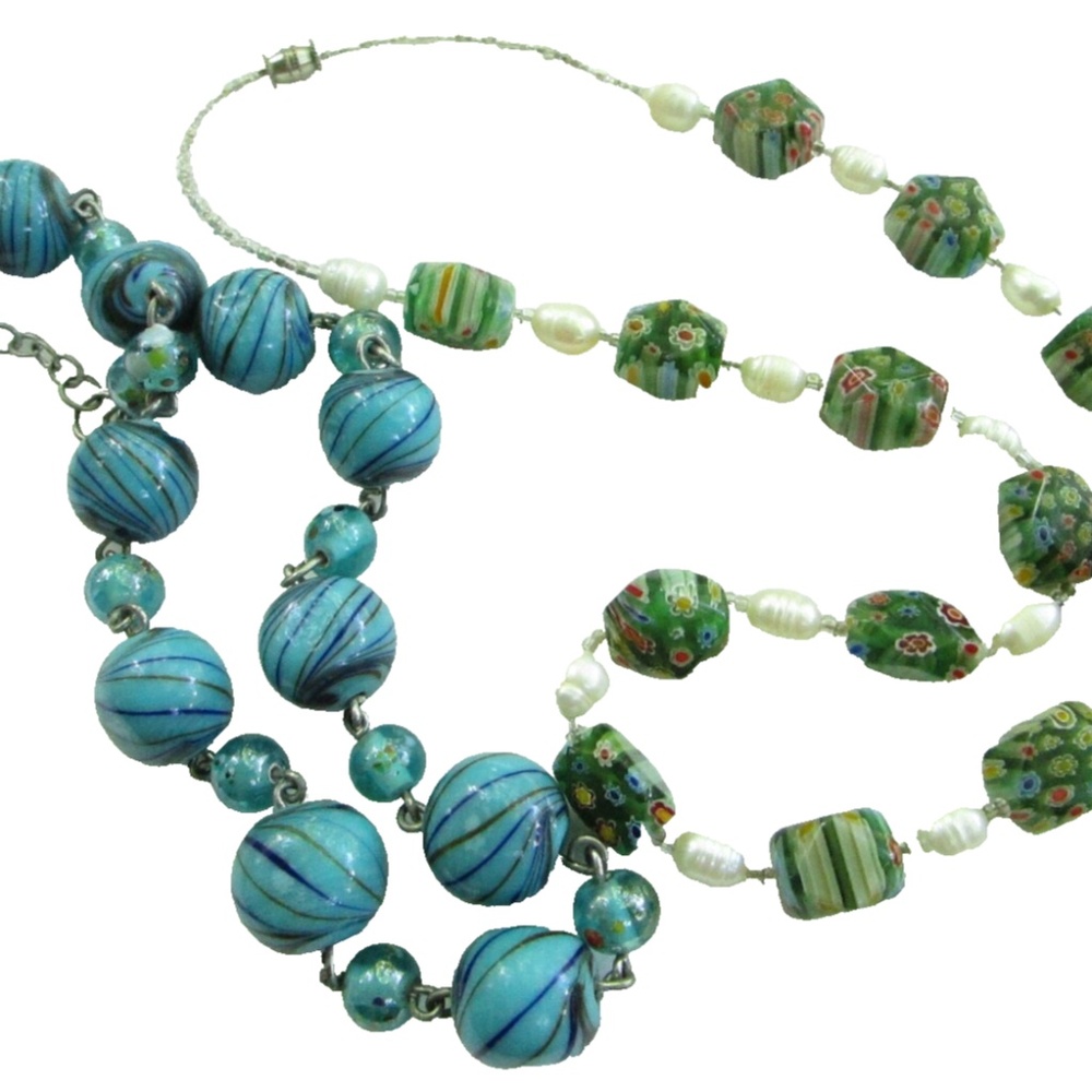 2 glass bead necklaces in green, 1 millefiori, 1 modern, wear or repurpose
